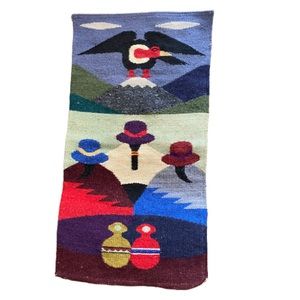 Vintage Hand Woven Equadorian Wool Textile 28”x15” The Andes Condor Three People